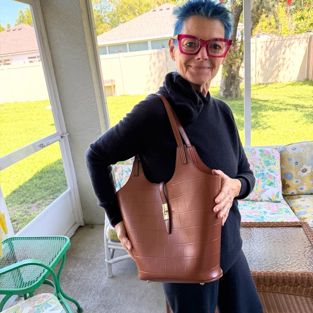 Mellow World Croc Embossed Vegan Leather Tote Brown Gold Hardware Shoulder Bag